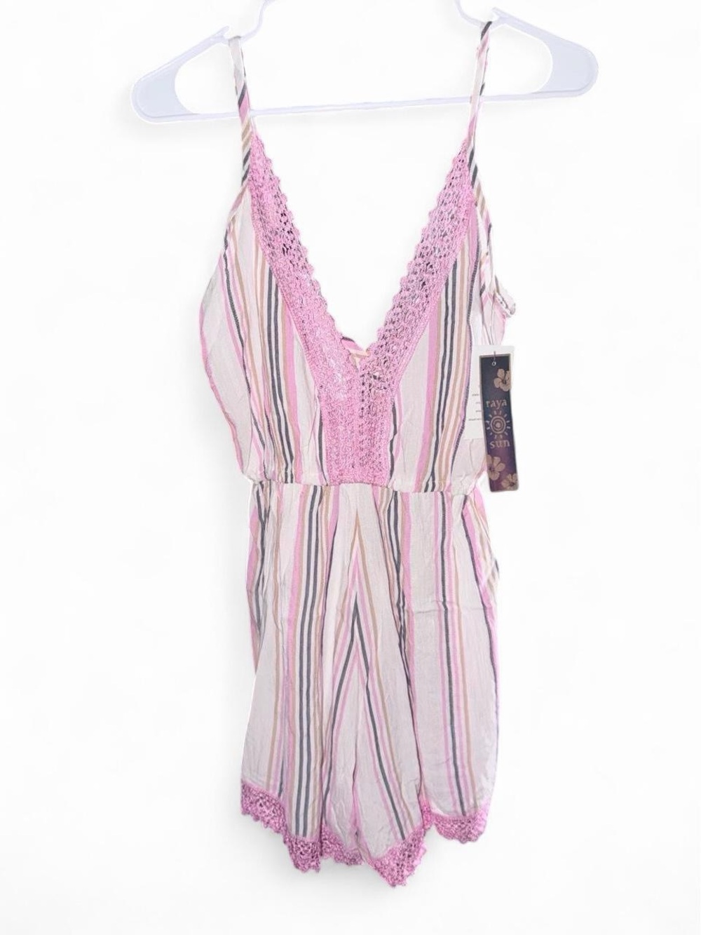 raya sun Pink & Multicolor Striped Crochet-Trim One Piece